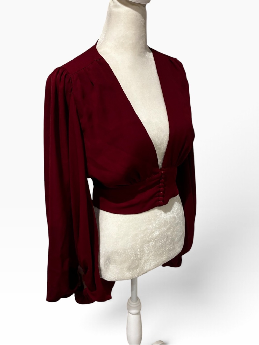 Signature 8 Burgundy Plunge V-Neck Buttoned Waist Blouse Worn Once